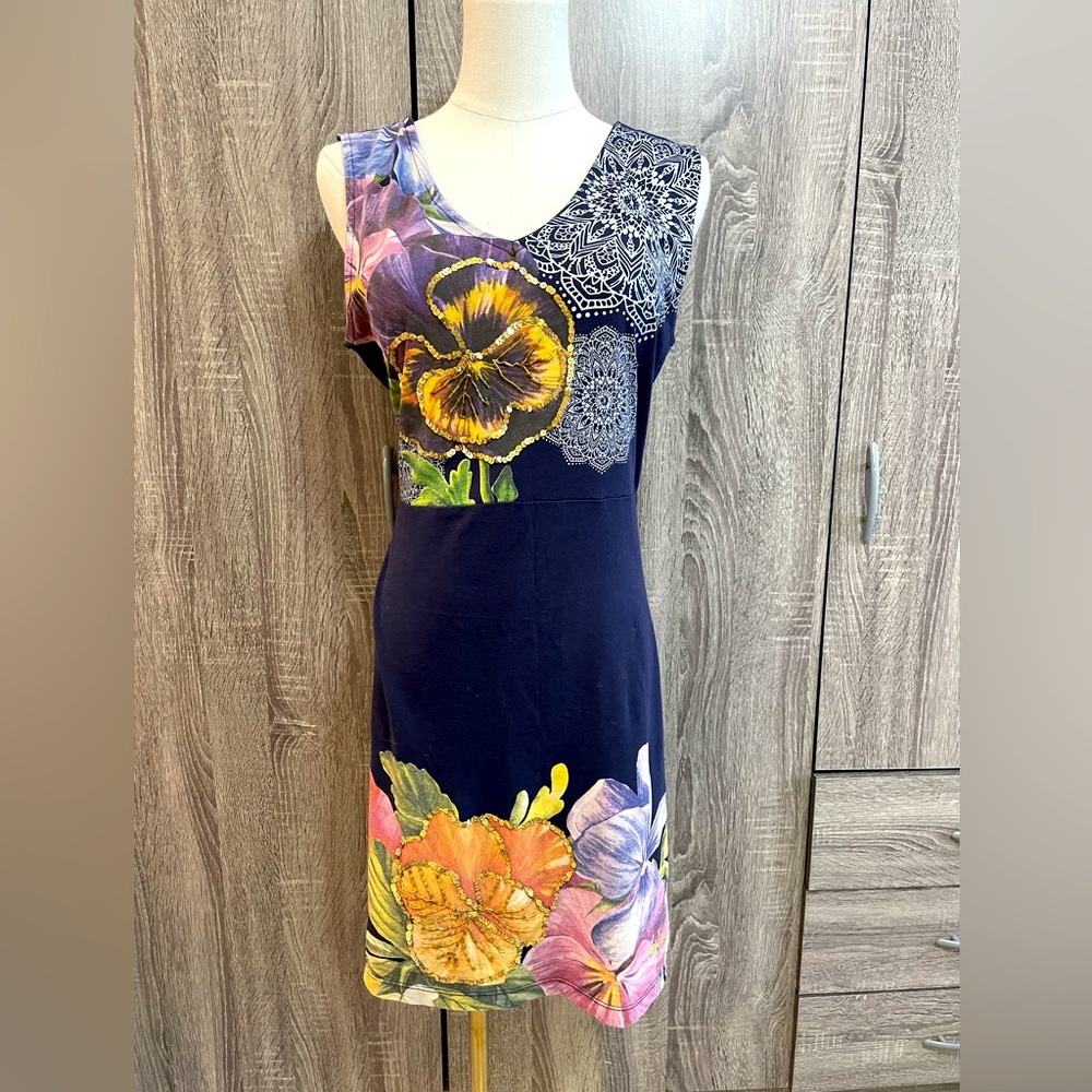 DESIGUAL Sequin Navy Blue Floral Mandala Print Designer Dress